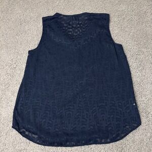 Ann Taylor Navy Blue Sleeveless Blouse Geometric Jacquard Ruffle Neck Top Large